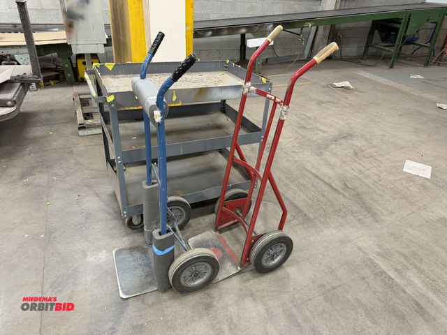 Lot 1-17465 - Lot of (2) metal hand truck dollies, and (1) 3-tier metal product shop cart, 36" x 23".