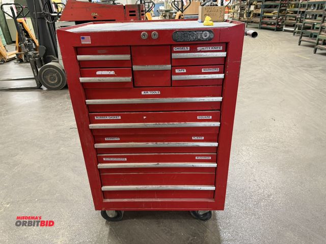 Lot 1-16918 - (1) Proto rolling tool chest, 27" x 18" x 40" tall, with assorted air tools, wrenches, tapes, marker...