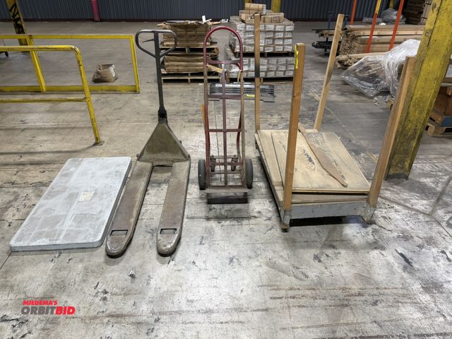 Lot 1-17570 - Lot of assorted items, includes (1) approx. 48" length x 11" height x 25" depth steel cart with wood...