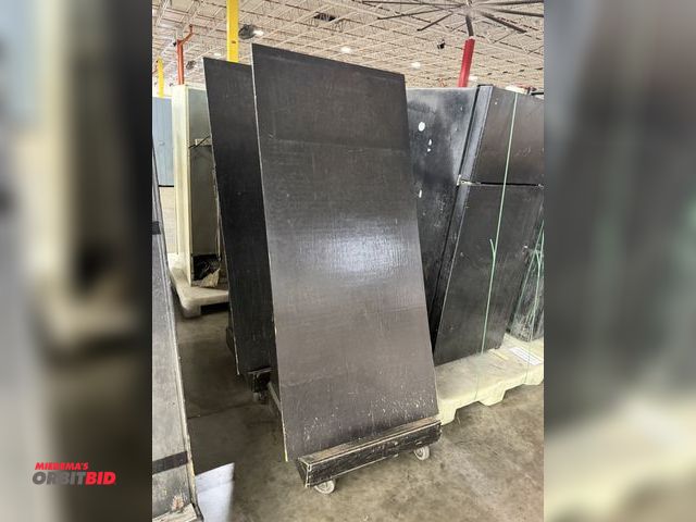 Lot 1-5525 - Lot of (2) 34" width x 75" height x 24" depth wood slanted plate storage racks on wheels.