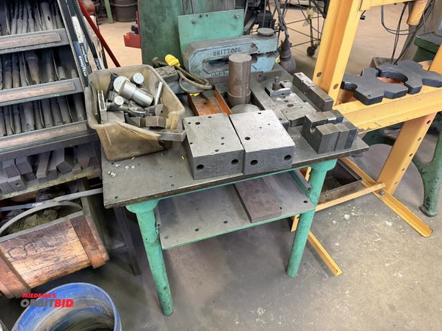 Lot 1-18538 - (1) 28.5" width x 30" height x 24" depth heavy duty steel stand with (2) 5" x 3" x 7" blocks, (1) Un...