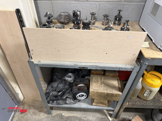 Lot 1-16386 - (1) 28.5" width x 32" height x 20" depth 2-tier steel stand with contents, including various collet ...