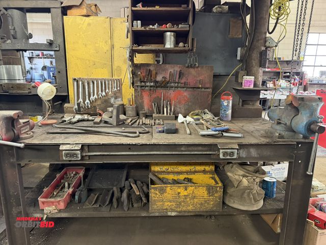 Lot 1-18577 - (1) steel work bench, approx. 82" long x 33" deep x 38" tall, includes contents of assorted chisels,...