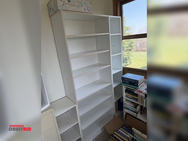 Lot 1-19197 - Lot of 3 wooden shelving units, (1) 28"x72’ tall (1) 12“ x 30“ tall (1) 12“ x 72“ tall.