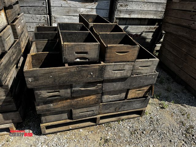 Lot 1-6987 - Lot of (27) wood cherry lugs, 22.5" long x 10 3/4" wide x 5 1/4" deep, some lugs need repair, some w...