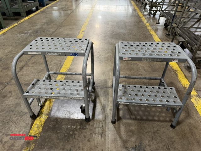 Lot 1-5197 - Set of (2) Cotterman 2-step steel step stools, 1 with wheels, 1 without.