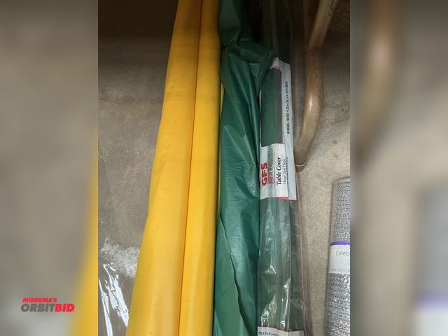 Lot 1-12536 - Heavy Duty Plastic Table Cover Rolls, Cello wrap, Silver mesh decorative roll &amp; birthday plates