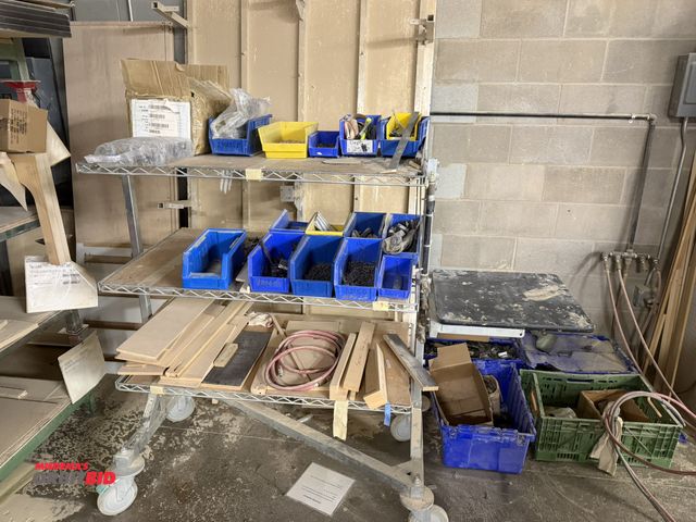 Lot 1-16461 - (1) rolling 3-tier Z-style Metro cart with assorted screws, wood dowels, and computer stand that is ...