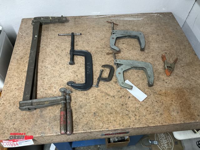 Lot 1-11995 - Clamps, including (2) Kant Twist 6D-421 clamps, (2) 25” capacity F-clamps, (1) Wilton 8” C-Clamp, (1...