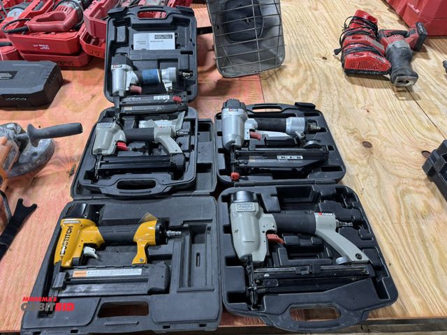 Lot 1-16457 - (2) Porter Cable 1" to 2.5" pneumatic finish nailers, (2) 2" brad nail guns, and (1) Bostitch 18 gau...