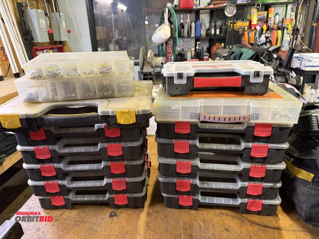 Lot 1-18518 - (15) portable plastic hardware boxes full of assorted fasteners.