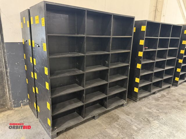 Lot 1-5520 - Set of (2) 73.5" width x 79" height x 24" depth wood storage cabinets with 18 divided compartments.