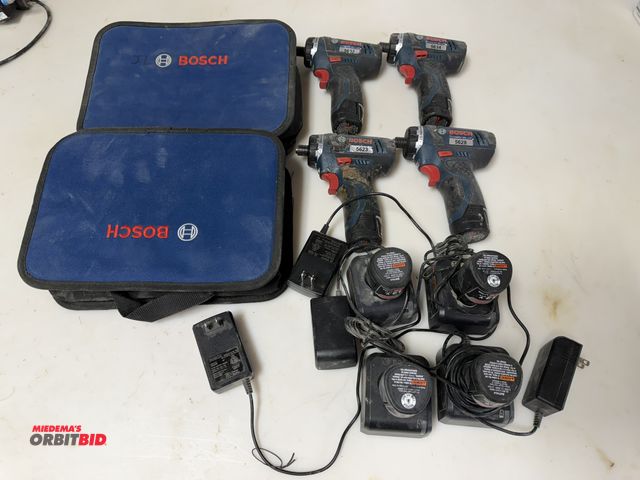 Lot 1-16139 - Lot of (4) Bosch, model PS21, 1/4", 12V cordless rechargeable drivers, (8) batteries,  (4) chargers,...
