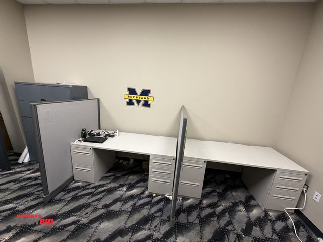 Lot 1-11272 - Lot of (2) steel framed desks, 66" x 29.5", includes (2) cubicle panels, 50" x 55", and (1) lateral ...