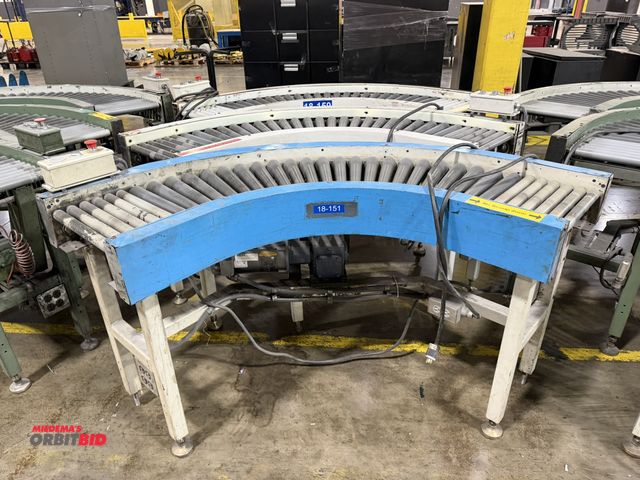 Lot 1-5310 - Set of (3) 15" width x approx. 5' length curved power roller conveyor sections, 3 phase electric mot...