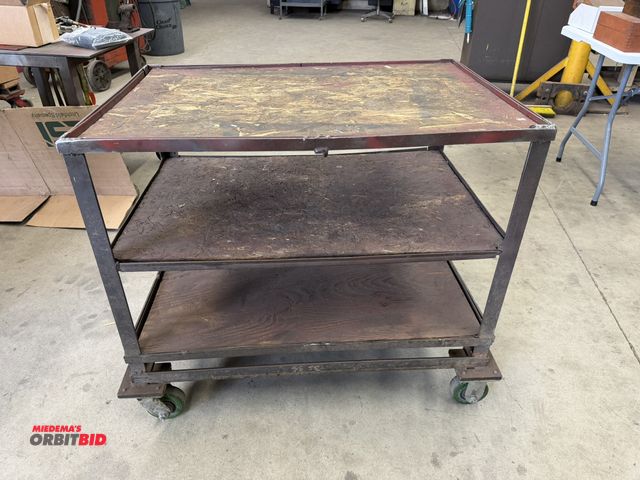 Lot 1-6168 - (1) 37" width x 32.5" height x 25" depth steel framed, 3-tier shop cart with OSB shelves, contents n...