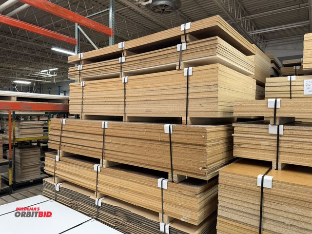Lot 1-17165 - Lot of assorted sheets of particle board and MDF, includes (9) sheets of 3/4" thick x 4' x 8' chocol...