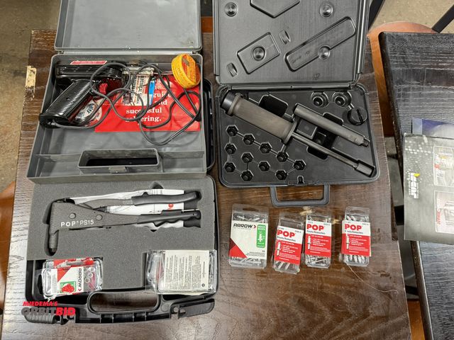 Lot 1-11072 - Lot including (1) Stanley, model PS15-Kit, manual rivet tool kit with rivets, (1) Weller, model 8200...