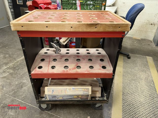 Lot 1-16395 - (1) 28.5" length x 36" height x 19.5" depth steel, 3-tier tooling cart with air hose nozzle, and por...