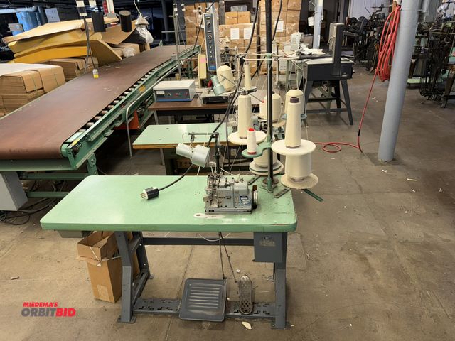 Lot 1-4739 - (1) Merrow sewing machine, model M-3DW-2, power table 48" x 20" x 29.5" tall, spool stand, S/N 19728...