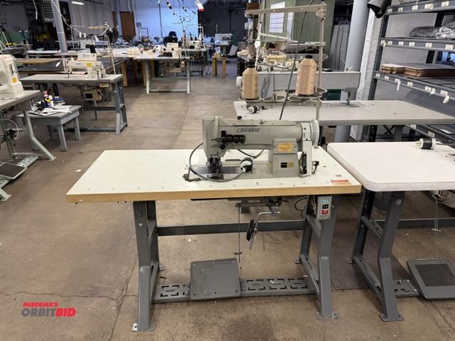 Lot 1-4727 - (1) Consew 4214P lock stitch machine with power table, 47" x 21" x 29" tall, and spool rack, 3 phase...