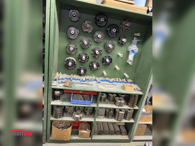 Lot 1-16359 - (1) 49.5" width x 72" height x 16" depth wood cabinet with contents including assorted shaper cuttin...