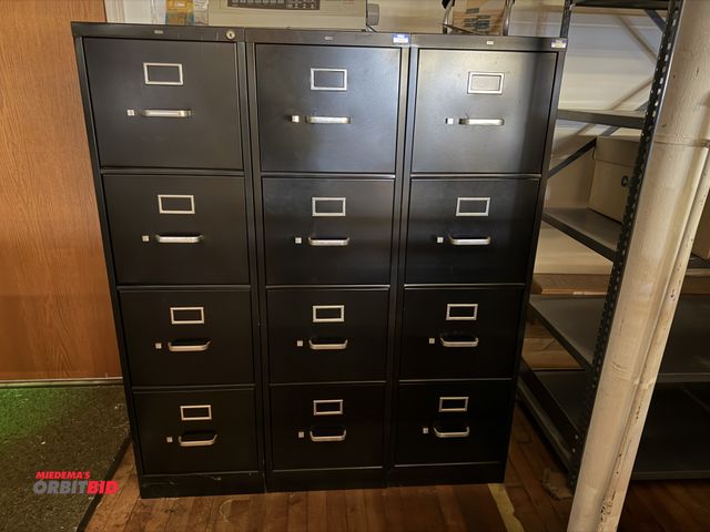 Lot 1-3017 - lot of (3) 15.5 x 52 x 26.5” 4-drawer file cabinets. (printer and contents not included)