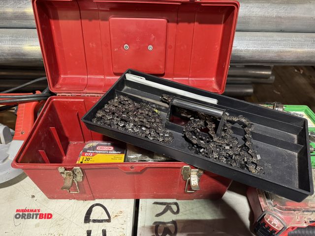 Lot 1-4255 - Large lot of assorted chainsaw chain, includes (2) new Oregon 20" chainsaw blades, files, and tool b...