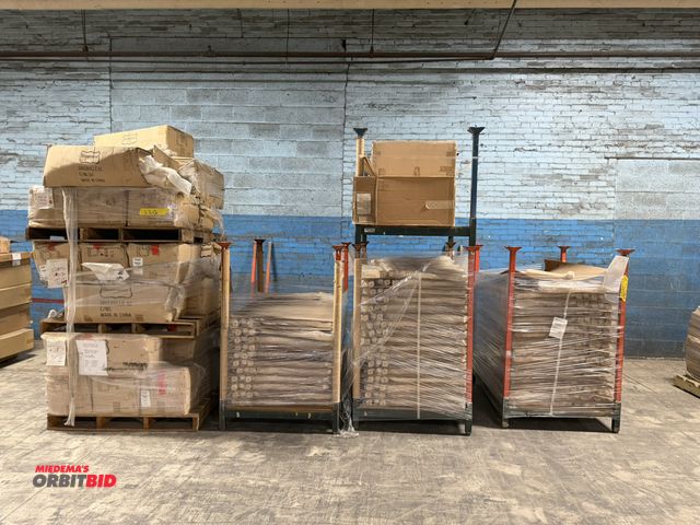 Lot 1-17442 - (3) skids, and (4) 48" length x 9.5" height x 35.5" width stackable steel carts full of assorted woo...