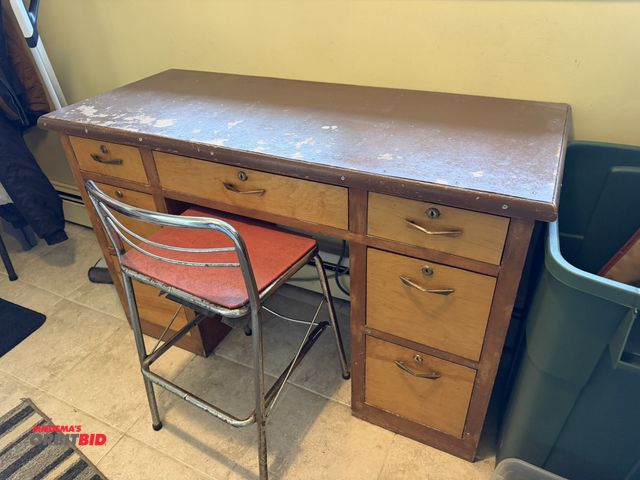 Lot 1-12159 - (1) custom built 49" x 20" wide wood desk, with stool.