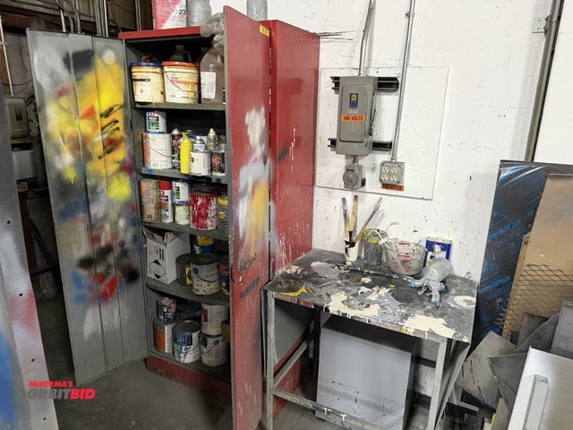 Lot 1-15290 - (1) 2-door storage cabinet with assorted paints and sprays, and (1) steel side table, 31.5" x 24", w...