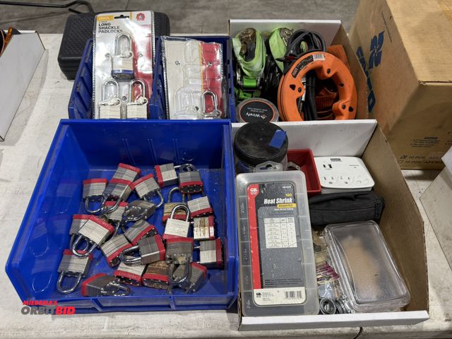 Lot 1-18612 - Lot of assorted Master Locks, long shackle padlocks, 1" ratcheting straps, Klein Tools 25' steel fis...