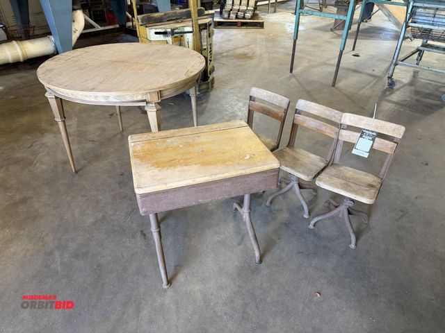 Lot 1-102540 - (1) Vintage wood school desk, chairs, and (1) round wooden table