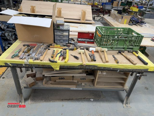 Lot 1-16268 - (1) 72" width x 34" height x 29" depth steel framed work bench, with assorted hammers, large wrenche...