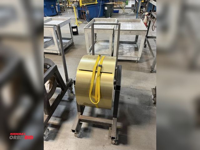 Lot 1-18826 - (1) 14" wide coil of brushed brass aluminum with cart, with gross weight of 985 lbs. with cart, 814 ...