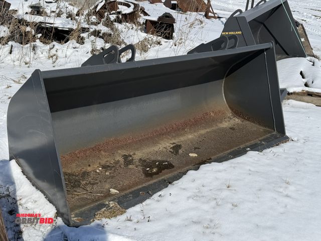 Lot 1-11564 - (1) 82" loader tractor bucket with holes for bolt-on cutting edge, loader attachment arm brackets ar...