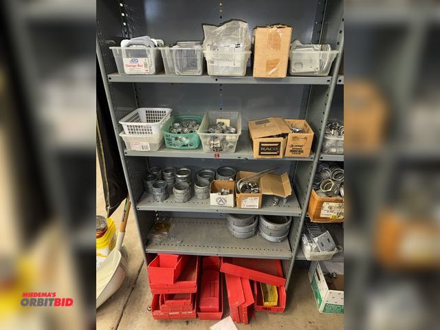 Lot 1-6389 - Contents of (5) shelves, includes assorted 6" pipe caps, EMT 3" connectors, 1/2" compression couplin...