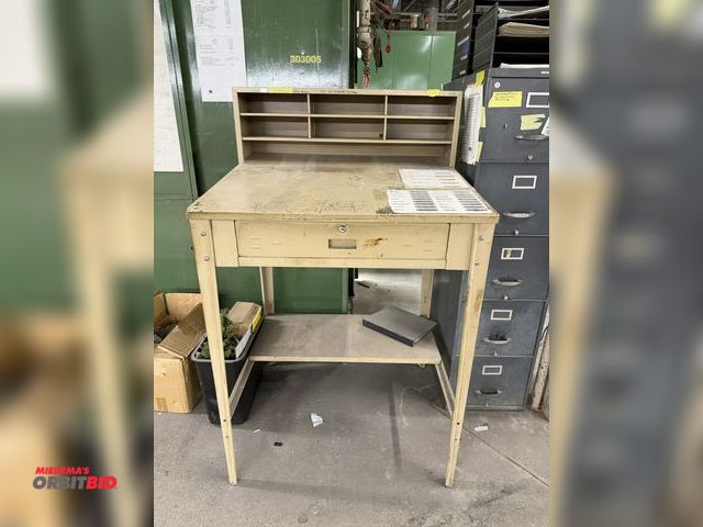 Lot 1-17212 - (1) 34" width x 44" height x 30" depth steel foreman's desk with 1 drawer, and 11" tall shelf mounte...