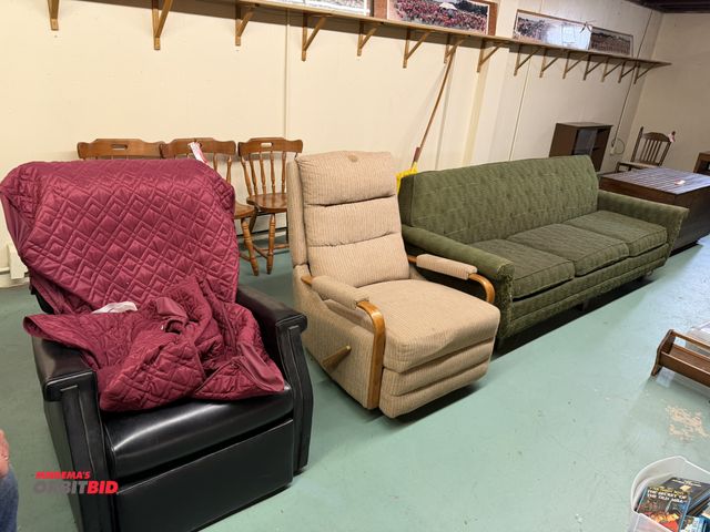 Lot 1-12177 - Lot with 3 pieces of furniture, includes (2) recliners (1 leather/1 fabric), and (1) 92" vintage cou...