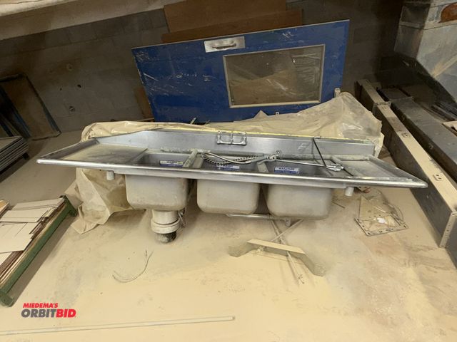 Lot 1-17056 - (1) Advance stainless steel 3-basin sink, 91" length, includes sprayer, faucet, and ISE ink sink aer...