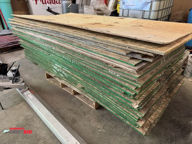 Lot 1-14225 - Lot of (31) sheets of 4' x 8' x 1/2" plywood, and (12) assorted plywood and particle board sheets.
