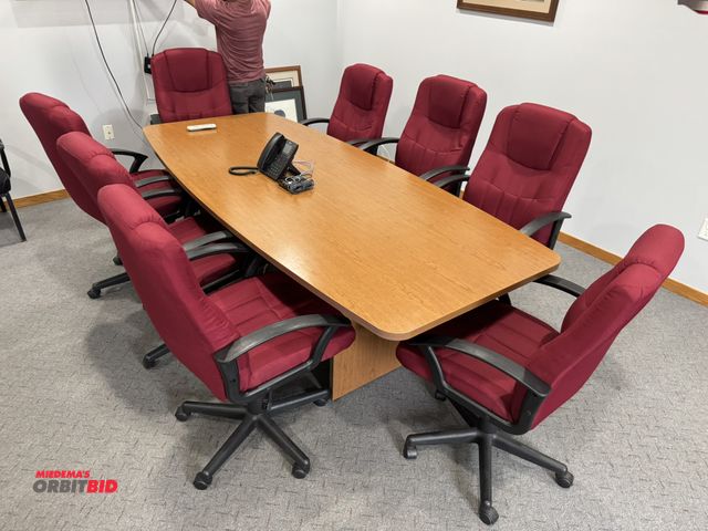 Lot 1-19600 - (1) 96" length x 30" height x 42" depth wood composite/laminate conference table with (8) matching r...