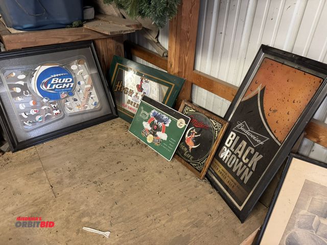 Lot 1-14239 - Lot of 4 assorted beer mirrors, includes (1) Budweiser Black Crown framed mirror, 30" x 16", (1) Hig...