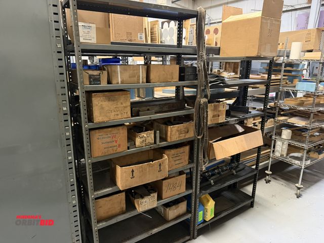 Lot 1-18633 - Contents of (2) metal shelves, both measure 36" wide x 12" deep, includes assorted machine parts and...