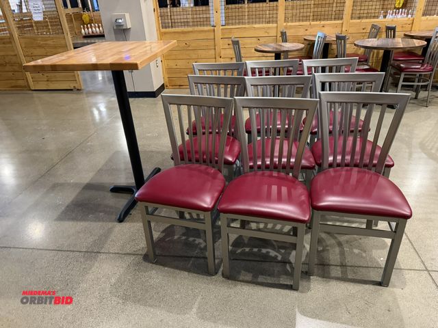 Lot 1-11297 - (9) wood frame chairs with vinyl padded seats (seats are approx. 18" high), and (1) 36" length x 43"...