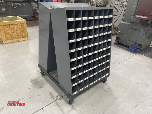 Lot 1-19263 - Lot of (2) 72-place metal parts bins, filled with assorted dowel pins, SHCS cap head screws, bolts, ...