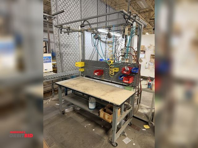Lot 1-17520 - (1) rolling, adjustable manual lift work bench/table, 72" x 36", with steel overhead work station wi...