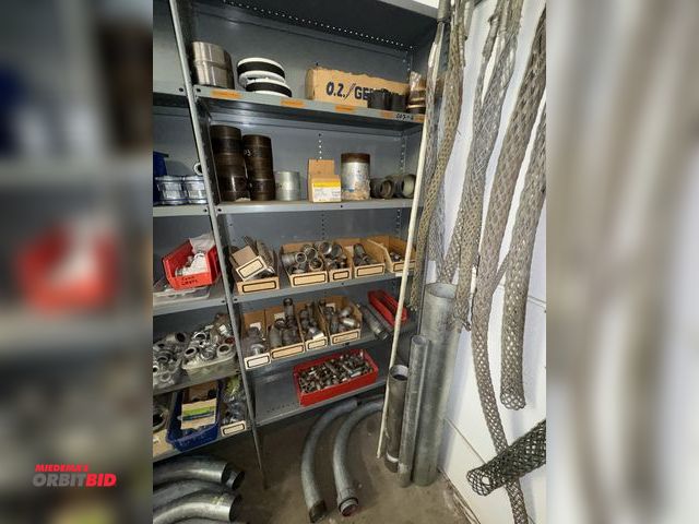 Lot 1-6385 - Contents of (4) shelves, includes assorted pipe unions, nipples, 3 1/2" elbows, assorted straight pi...