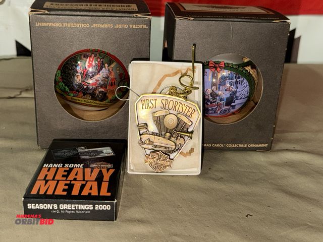 Lot 1-8261 - Lot of collectible Harley Davidson ornaments, includes (1) pewter "First Sportster" ornament, dated ...