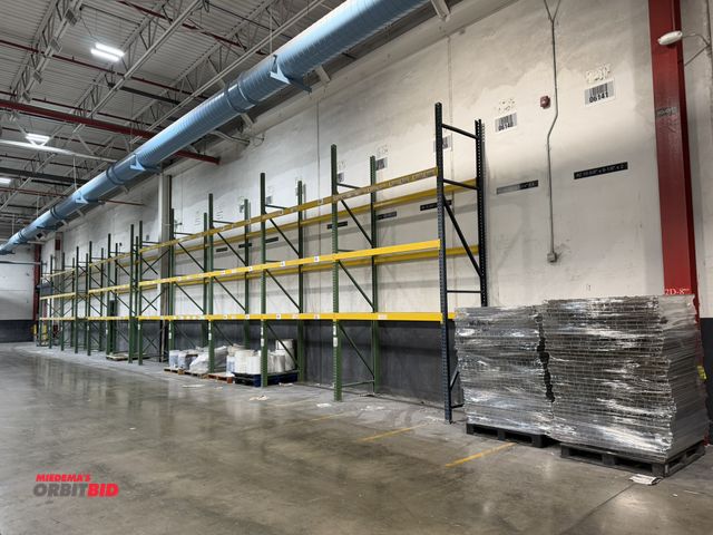 Lot 1-5104 - Lot of Teardrop style pallet racking, includes (13) 14' tall x 42" deep uprights (all but 1 are 3" x...